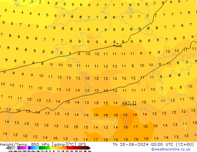 Geop./Temp. 850 hPa GFS jue 26.09.2024 00 UTC