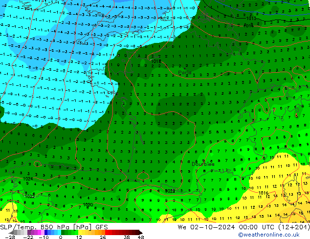 SLP/Temp. 850 hPa GFS mer 02.10.2024 00 UTC