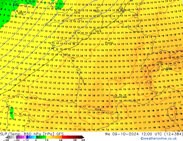 SLP/Temp. 850 hPa GFS We 09.10.2024 12 UTC