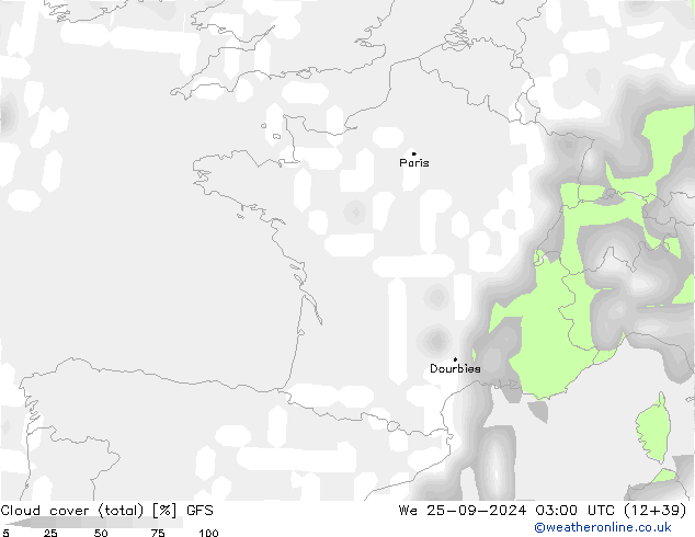 Cloud cover (total) GFS We 25.09.2024 03 UTC