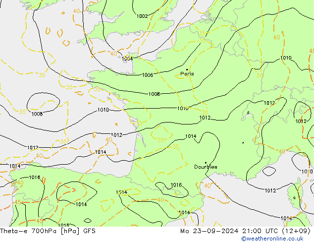 Theta-e 700hPa GFS Mo 23.09.2024 21 UTC