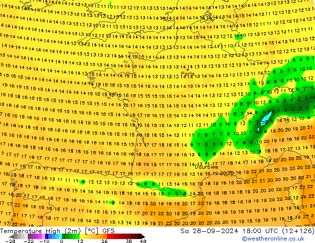 Temp. massima (2m) GFS sab 28.09.2024 18 UTC