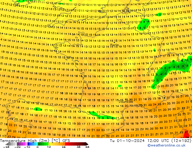 Nejvyšší teplota (2m) GFS Út 01.10.2024 12 UTC