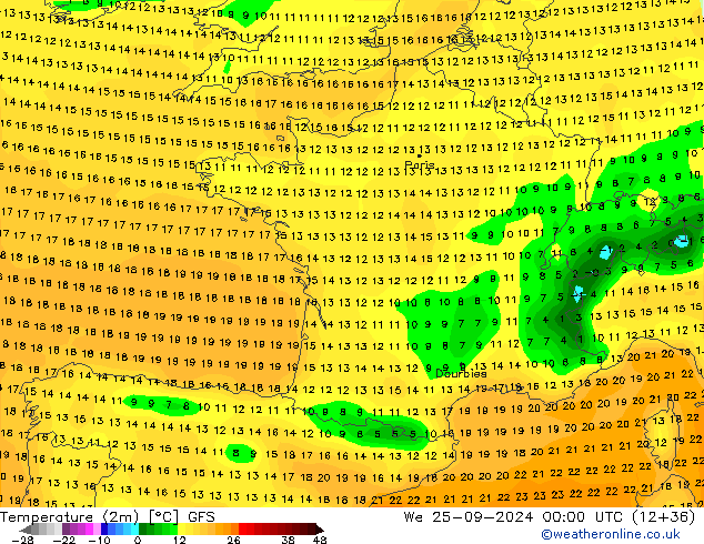 mapa temperatury (2m) GFS śro. 25.09.2024 00 UTC