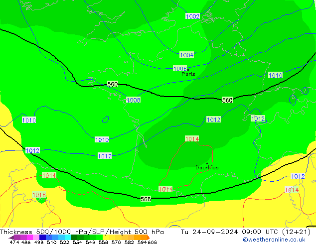 Schichtdicke 500-1000 hPa GFS September 2024