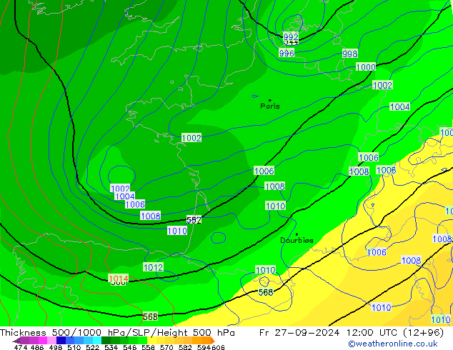 Espesor 500-1000 hPa GFS vie 27.09.2024 12 UTC