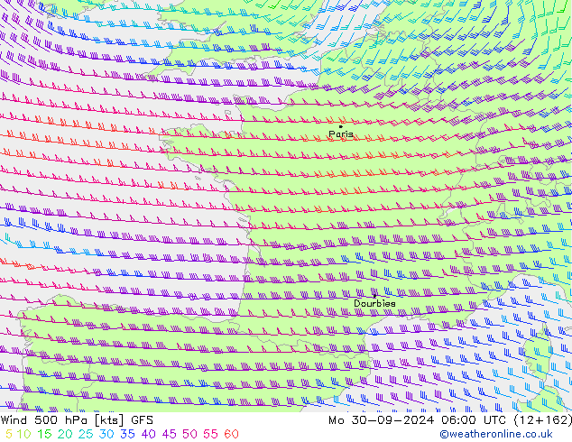 wiatr 500 hPa GFS pon. 30.09.2024 06 UTC