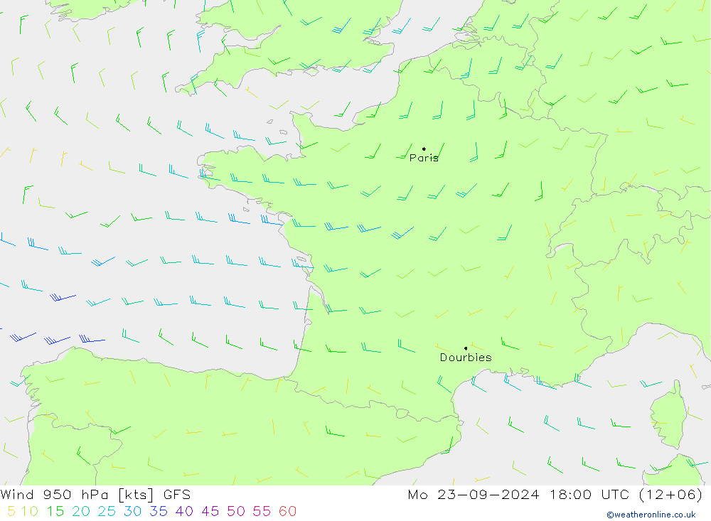 ветер 950 гПа GFS пн 23.09.2024 18 UTC