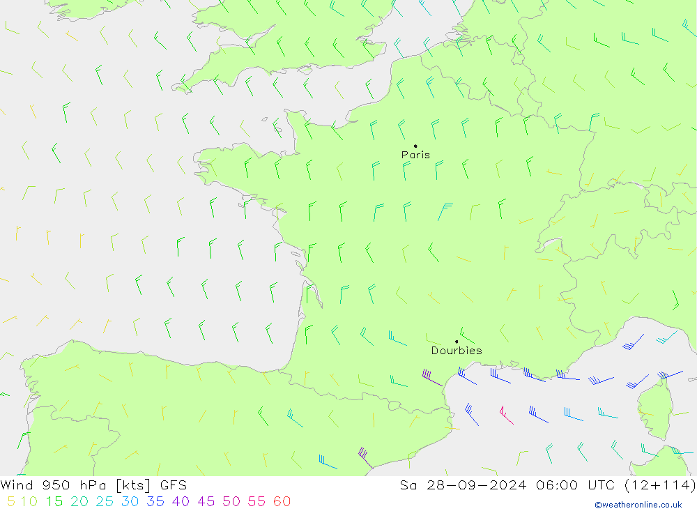 Wind 950 hPa GFS Sa 28.09.2024 06 UTC