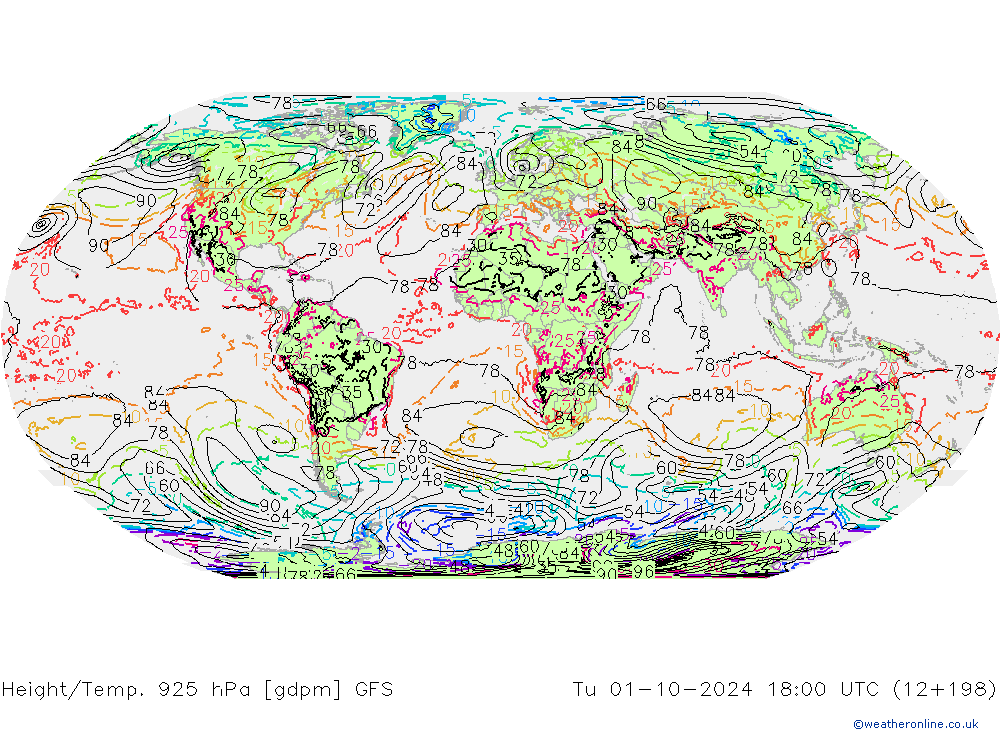 Hoogte/Temp. 925 hPa GFS di 01.10.2024 18 UTC