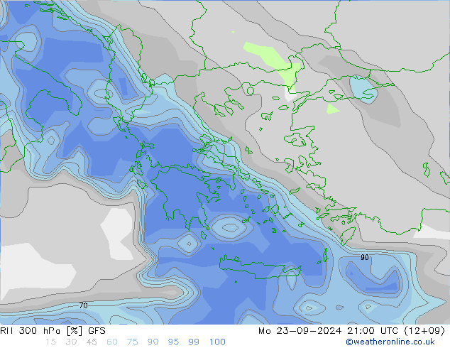 RH 300 hPa GFS Mo 23.09.2024 21 UTC