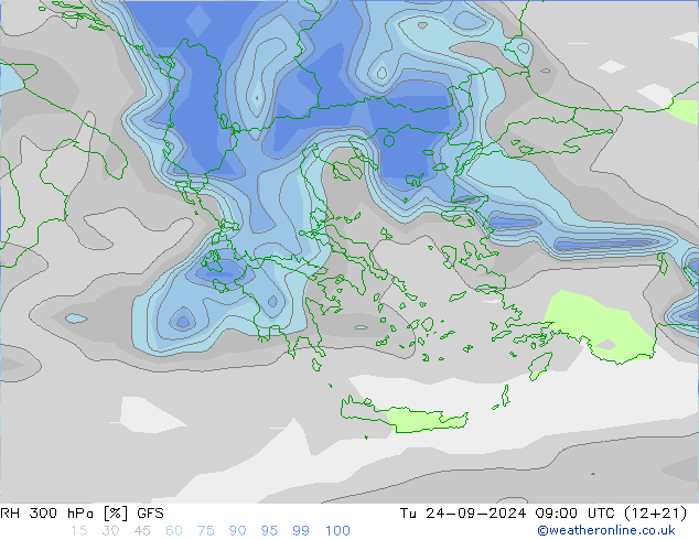 RH 300 hPa GFS Tu 24.09.2024 09 UTC