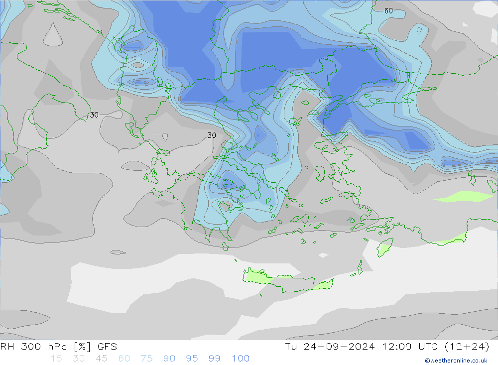 RH 300 hPa GFS Tu 24.09.2024 12 UTC