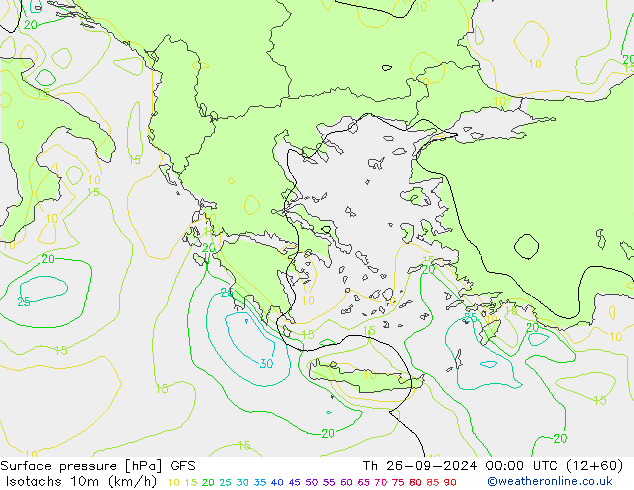 Isotachs (kph) GFS Qui 26.09.2024 00 UTC