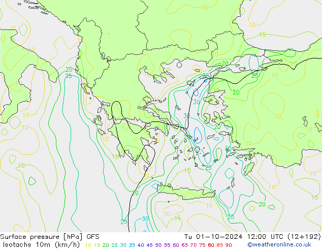 Isotachs (kph) GFS Tu 01.10.2024 12 UTC