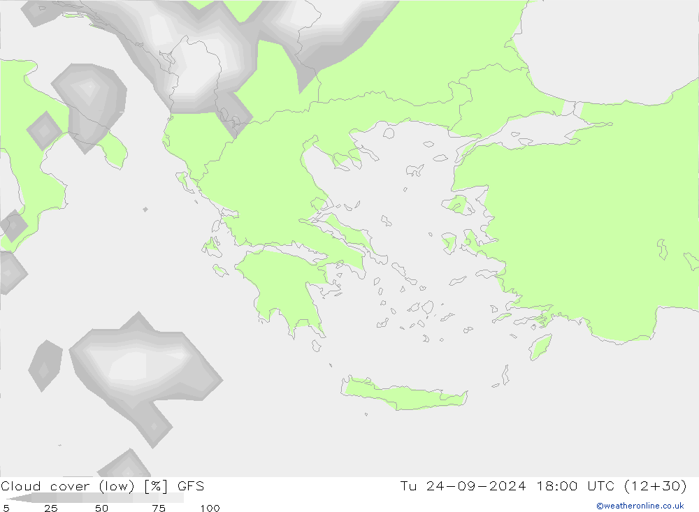 Cloud cover (low) GFS Tu 24.09.2024 18 UTC