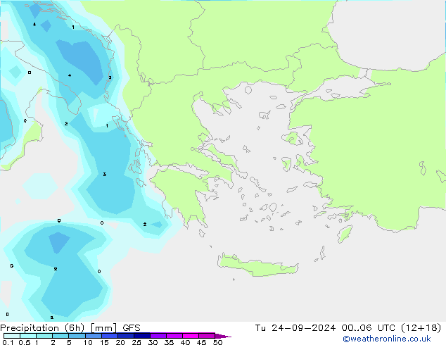 Totale neerslag (6h) GFS di 24.09.2024 06 UTC