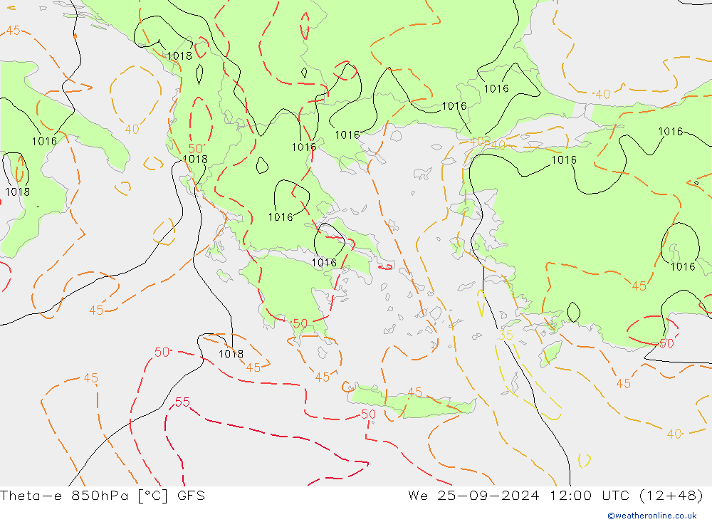 Theta-e 850hPa GFS St 25.09.2024 12 UTC