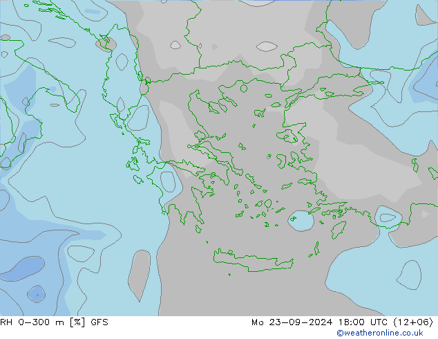 RH 0-300 m GFS pon. 23.09.2024 18 UTC