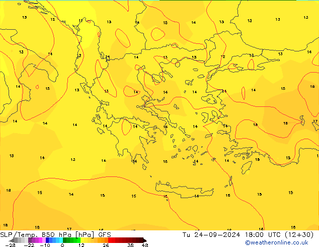 SLP/Temp. 850 hPa GFS mar 24.09.2024 18 UTC