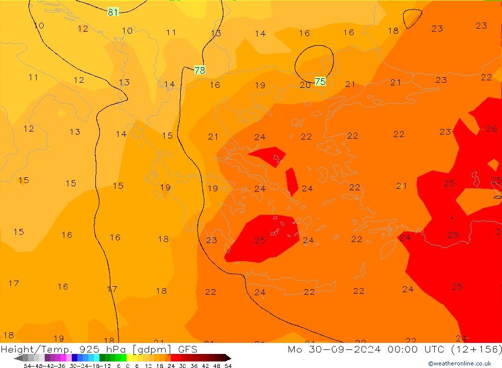 Geop./Temp. 925 hPa GFS lun 30.09.2024 00 UTC