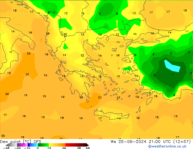 Point de rosée GFS mer 25.09.2024 21 UTC