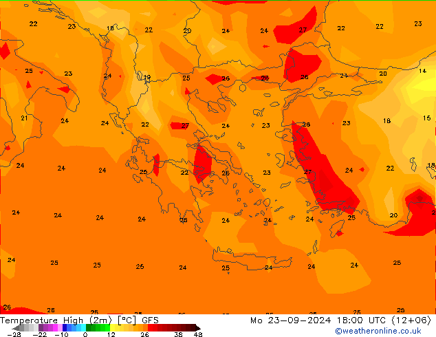 Nejvyšší teplota (2m) GFS Po 23.09.2024 18 UTC