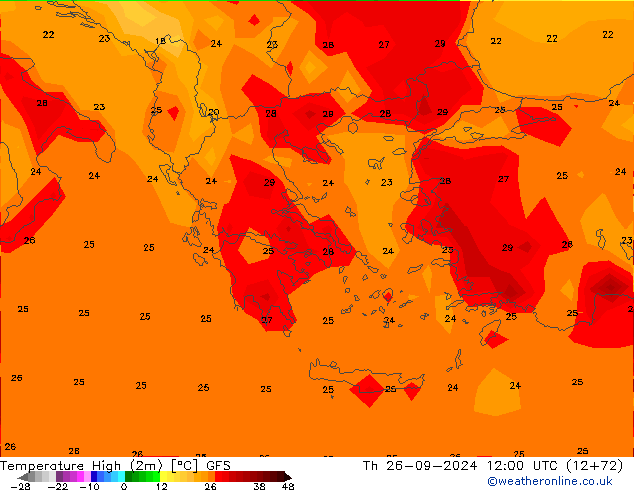 Max.temperatuur (2m) GFS do 26.09.2024 12 UTC