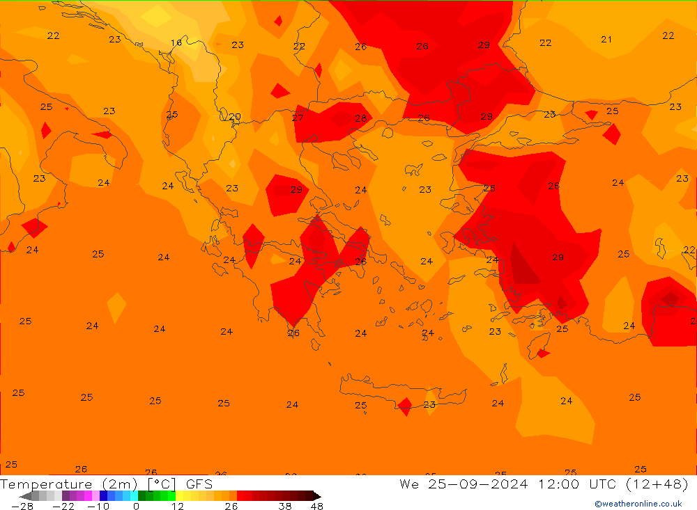 Temperatura (2m) GFS mer 25.09.2024 12 UTC