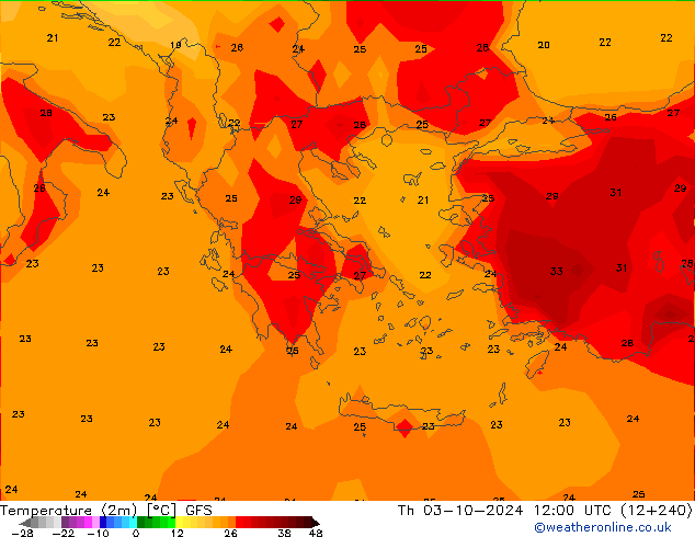 Temperatura (2m) GFS gio 03.10.2024 12 UTC