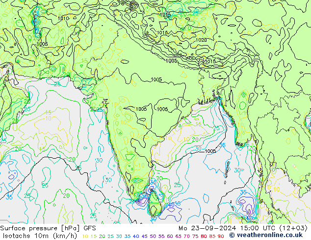 Isotaca (kph) GFS lun 23.09.2024 15 UTC