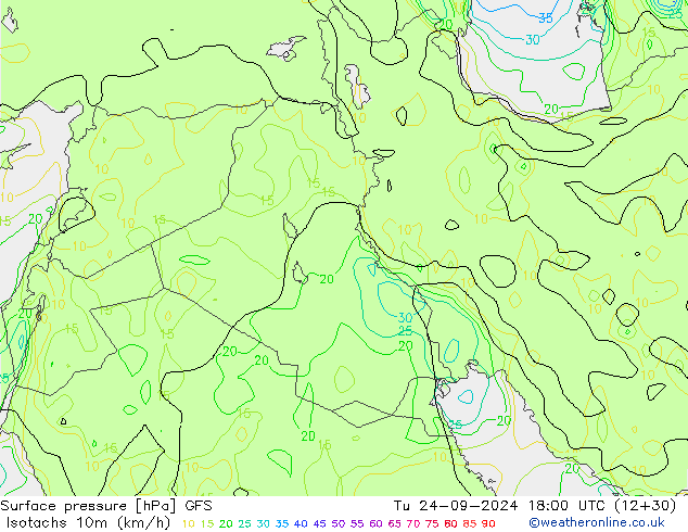 Isotachs (kph) GFS Ter 24.09.2024 18 UTC