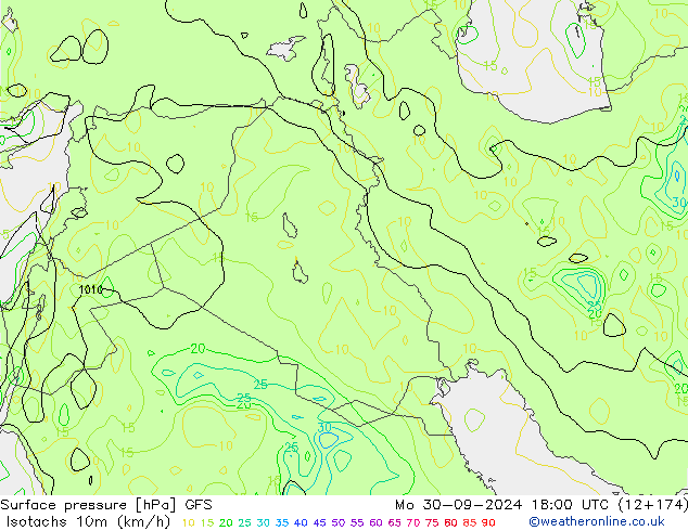 Isotachs (kph) GFS lun 30.09.2024 18 UTC