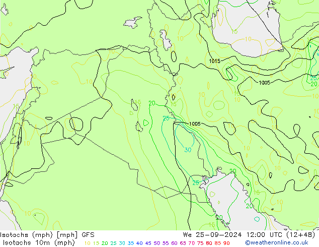 Izotacha (mph) GFS śro. 25.09.2024 12 UTC