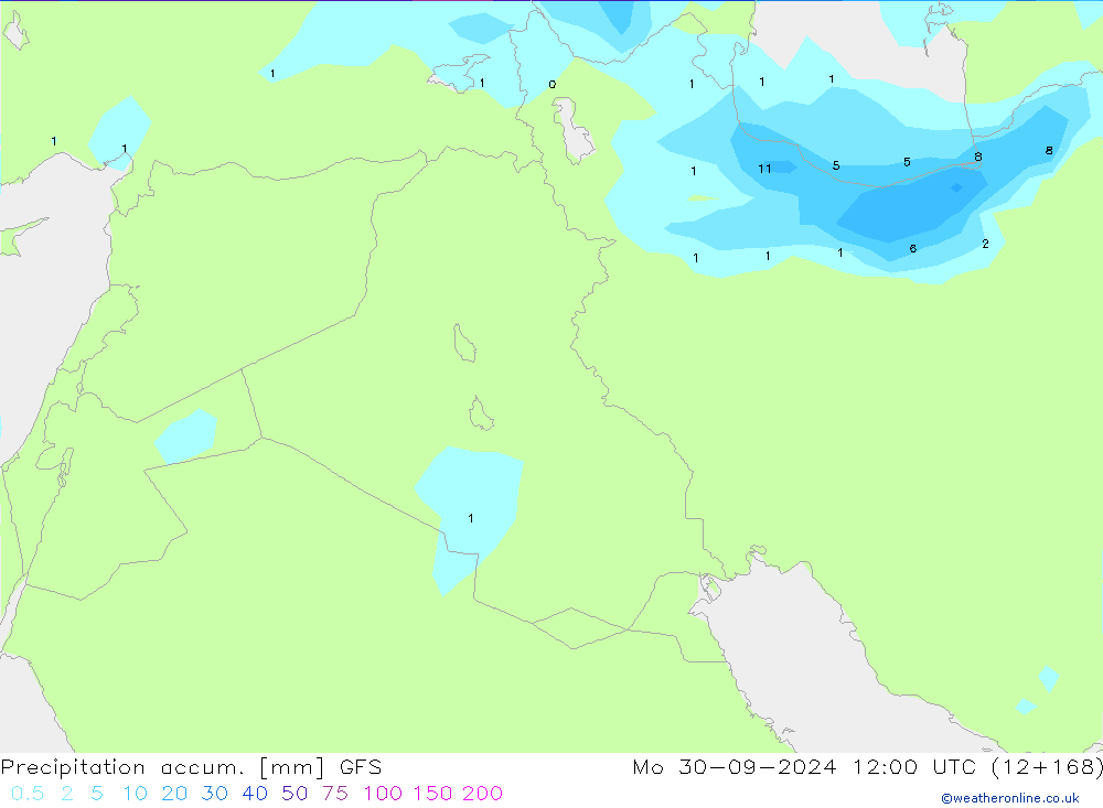 Precipitation accum. GFS Mo 30.09.2024 12 UTC