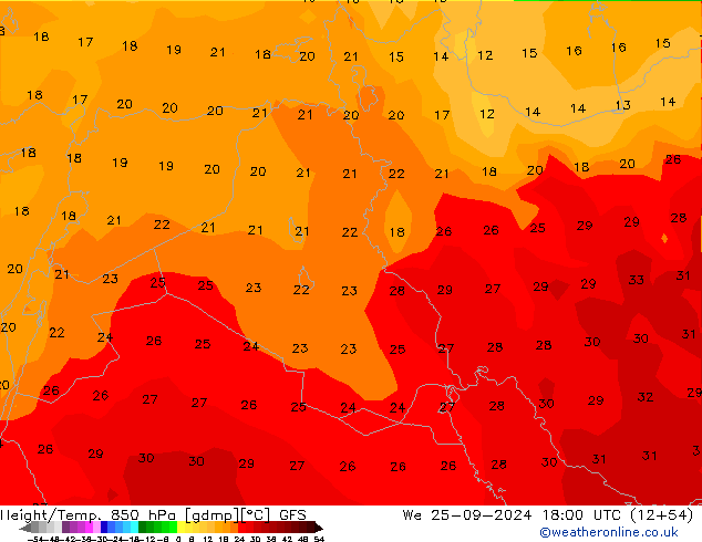 Height/Temp. 850 hPa GFS We 25.09.2024 18 UTC