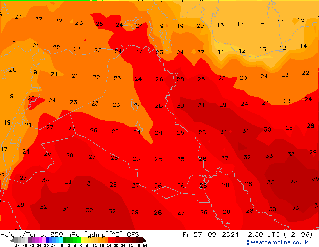 Height/Temp. 850 гПа GFS пт 27.09.2024 12 UTC