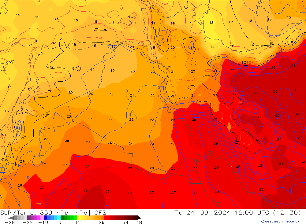 SLP/Temp. 850 hPa GFS di 24.09.2024 18 UTC