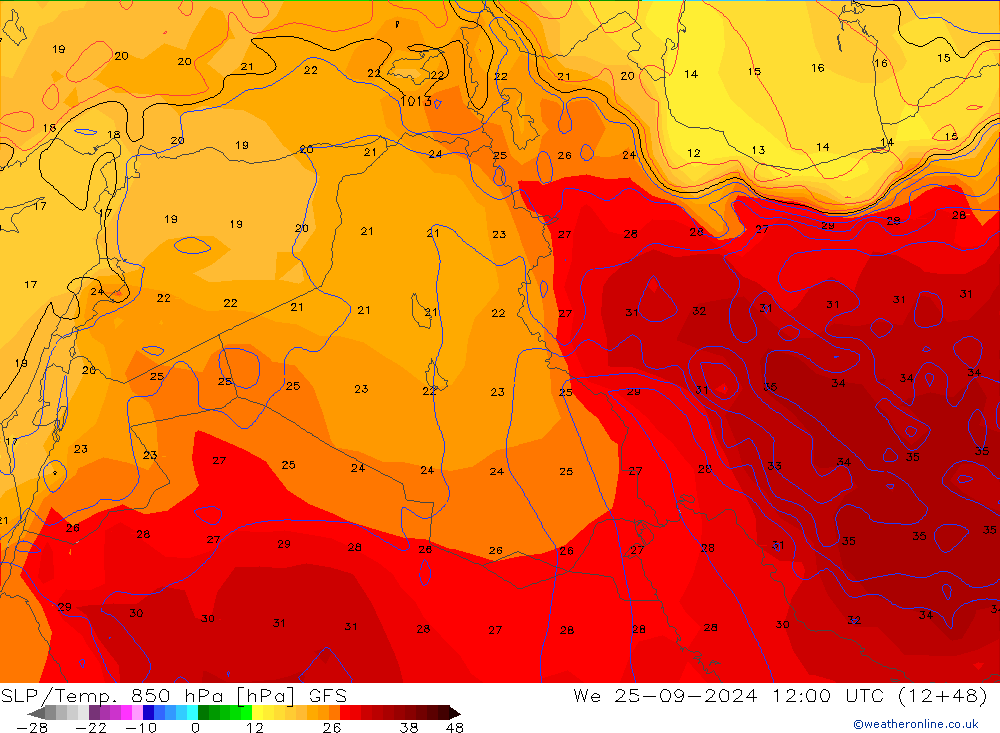 SLP/Temp. 850 hPa GFS mer 25.09.2024 12 UTC