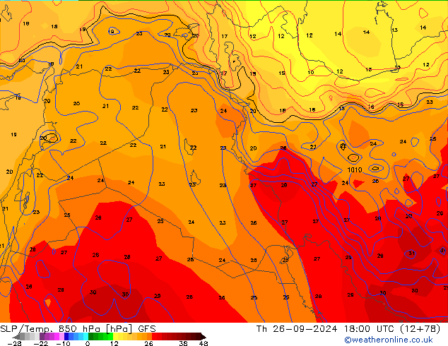 SLP/Temp. 850 hPa GFS Qui 26.09.2024 18 UTC