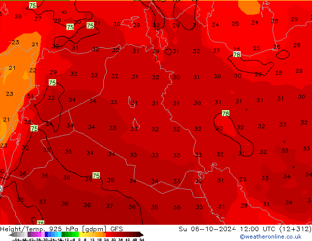 Height/Temp. 925 hPa GFS nie. 06.10.2024 12 UTC