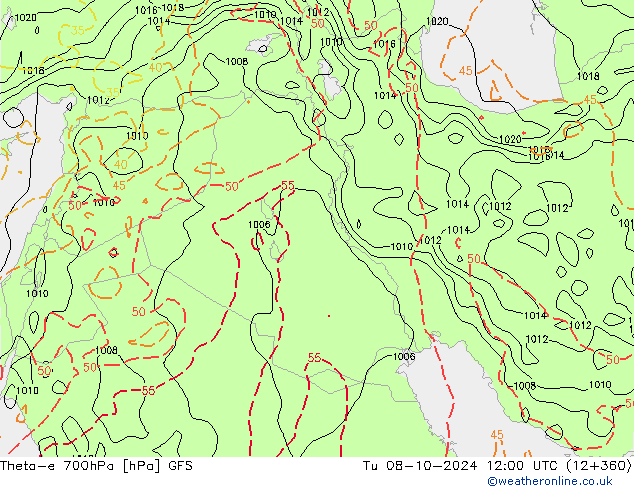 Theta-e 700гПа GFS вт 08.10.2024 12 UTC