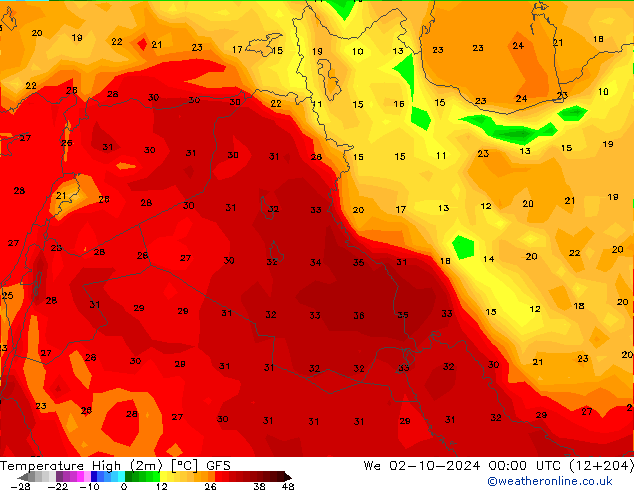 Temperature High (2m) GFS We 02.10.2024 00 UTC