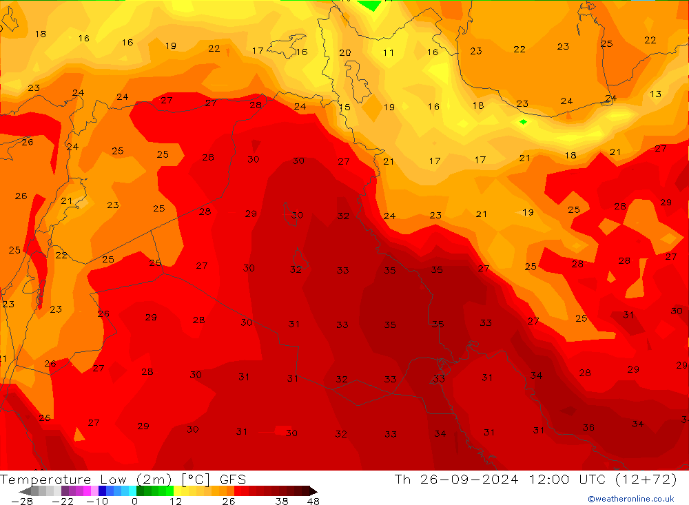 Min.temperatuur (2m) GFS do 26.09.2024 12 UTC