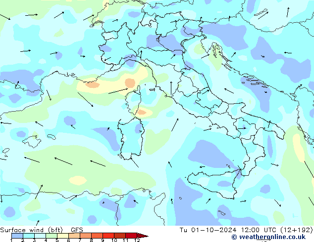 Wind 10 m (bft) GFS di 01.10.2024 12 UTC