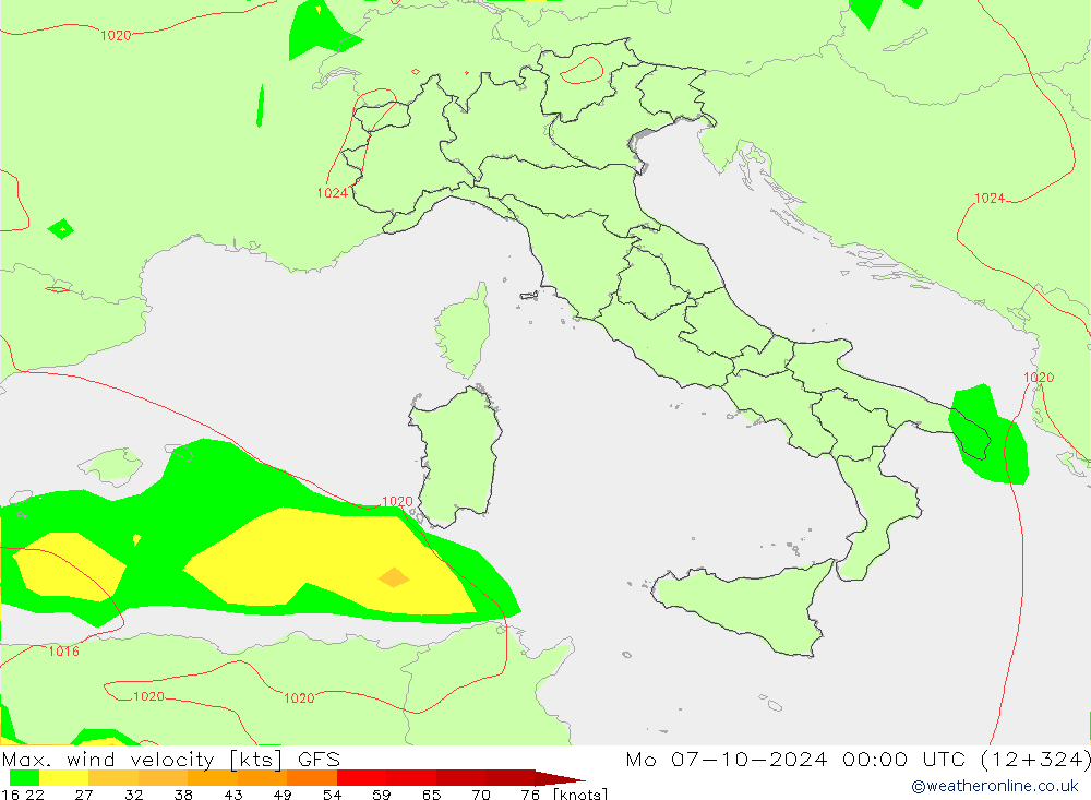 Max. wind velocity GFS lun 07.10.2024 00 UTC