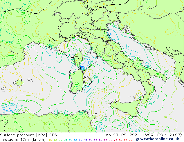 Isotaca (kph) GFS lun 23.09.2024 15 UTC