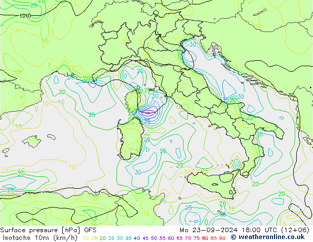 Isotaca (kph) GFS lun 23.09.2024 18 UTC