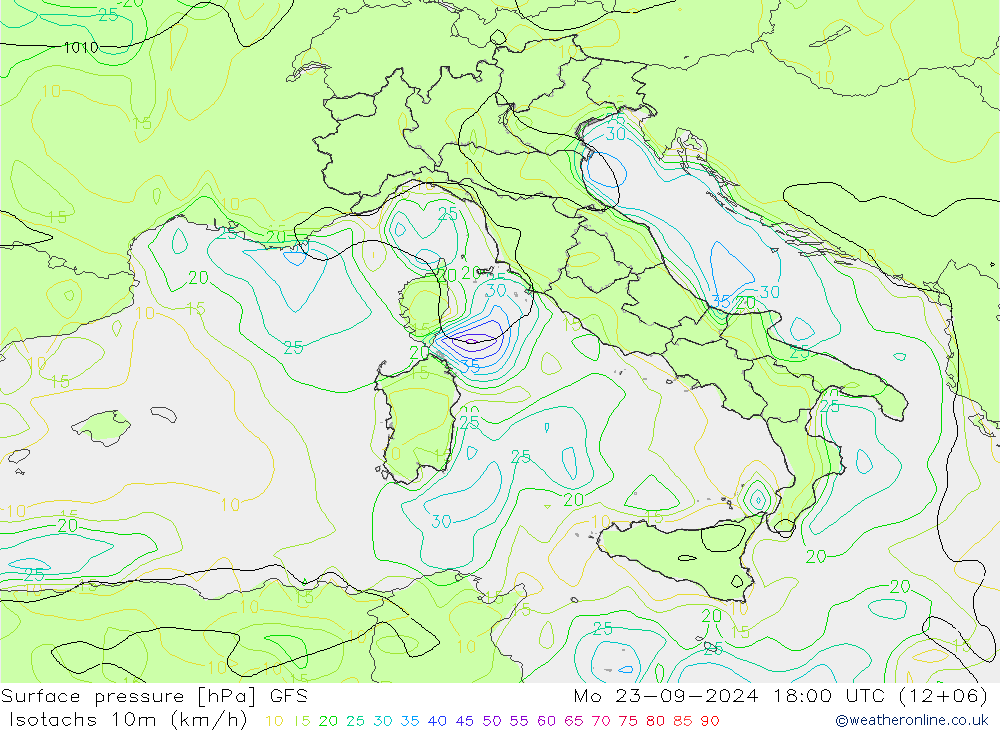 Isotachs (kph) GFS  23.09.2024 18 UTC