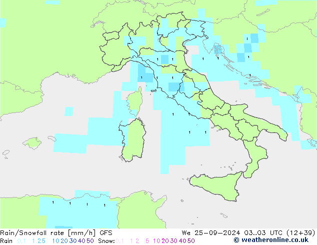 Rain/Snowfall rate GFS Qua 25.09.2024 03 UTC